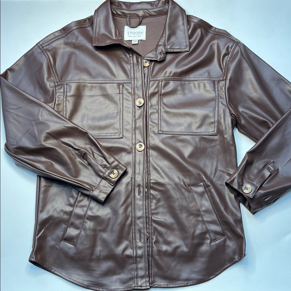 Stoosh brown Chocolate Faux vegan Leather button down shacket essential Jacket